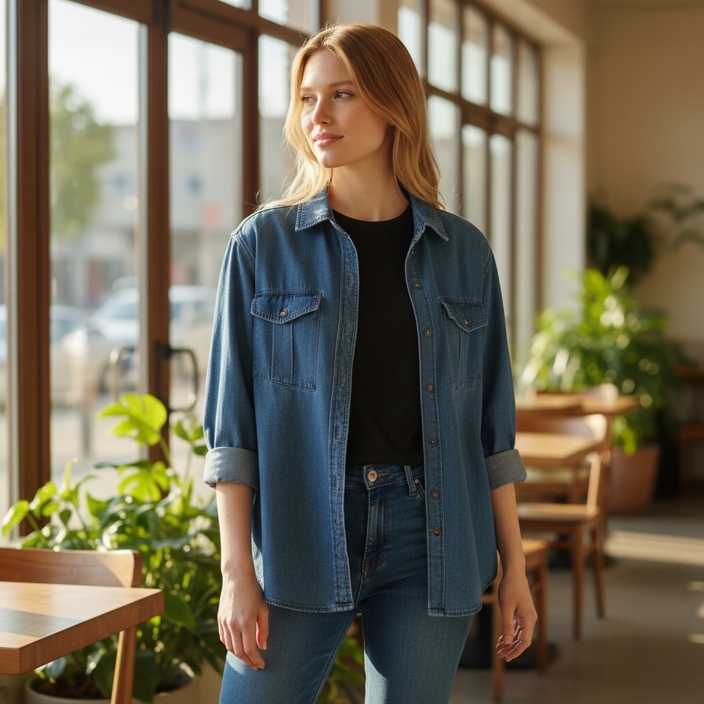 FUTURE COLLECTIVE sz Medium Denim Shirt Reese Blustein Pockets 100% Cotton Blue